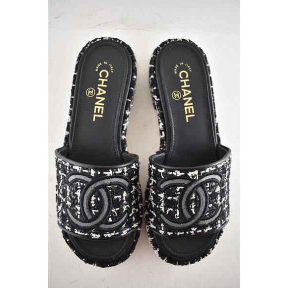 Chanel 20P Black White Tweed Mesh CC Logo Slide Slip Sandal Mule Heel Flat 36.5 - Picture 9 of 14